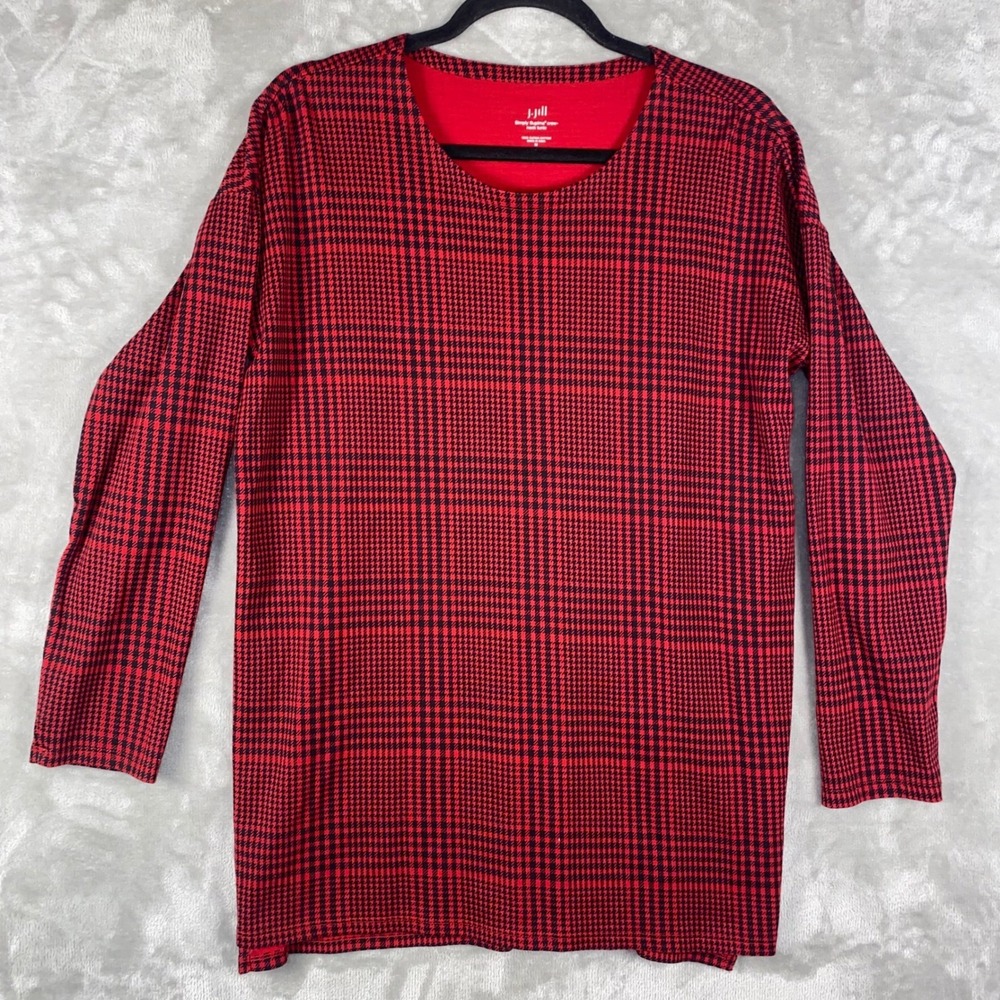 J.Jill Simply Supima Crewneck Red Black Houndstooth Tunic Top Womens Sz M Preppy
